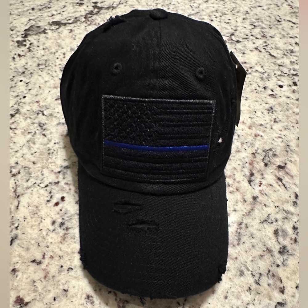 KBETHOS Vintage Distressed Black - Police Blue Stripe American Flag Ladies Hat